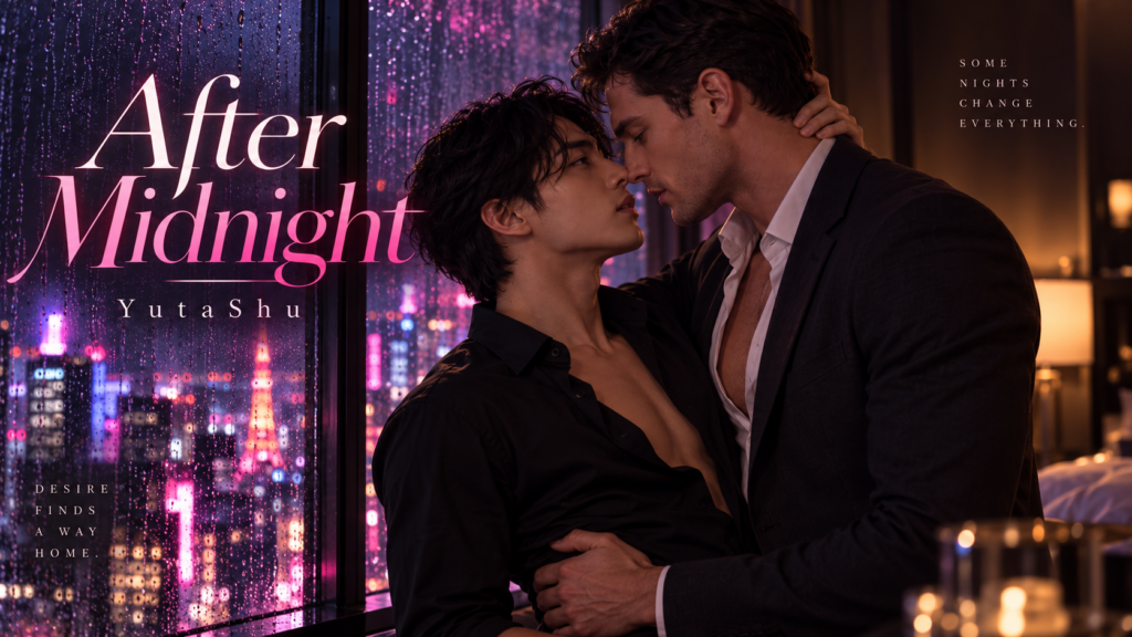 Ren and Adrian sharing an intimate moment by a rain-covered window overlooking Tokyo at night.